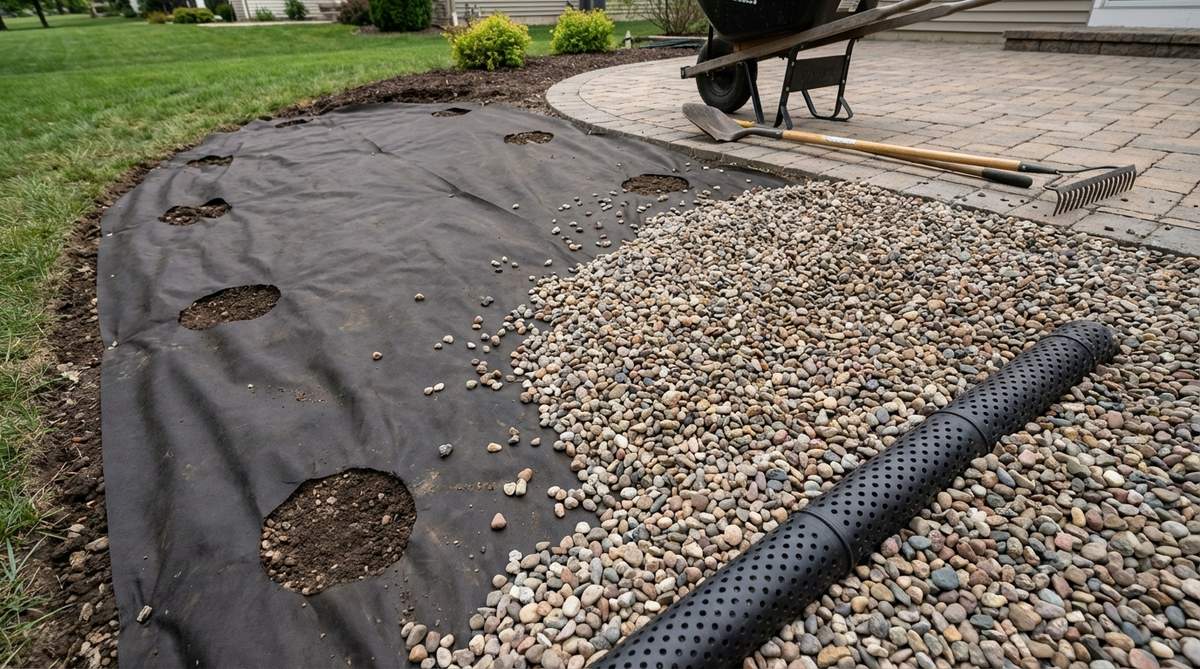 A detailed view showing the installation of a gravel garden base with landscape fabric and crushed gravel layers, demonstrating proper drainage and flexible planting holes for small backyard gardens.
