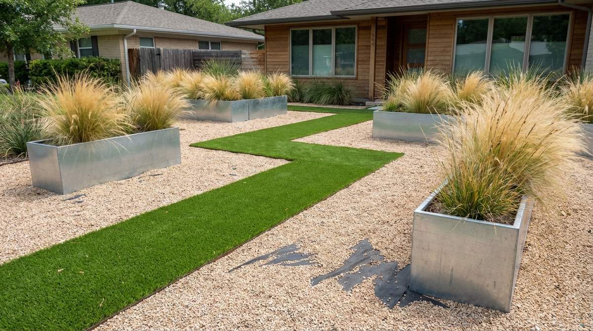 A modern front yard garden featuring a gravel lawn alternative, with sleek strips of artificial grass defining pathways and ornamental grasses like Mexican feather grass in galvanized steel planters, all on a permeable fabric base for easy maintenance and drainage.