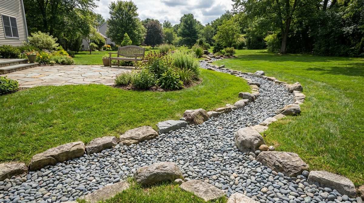 A meandering gravel river feature cutting through a green lawn, created with grey river rock to simulate a dry streambed. The design varies in width from 18 inches to 4 feet for natural flow patterns, with larger stones edging the channel to prevent gravel migration into the surrounding grass. This stone garden technique visually connects separate garden zones.