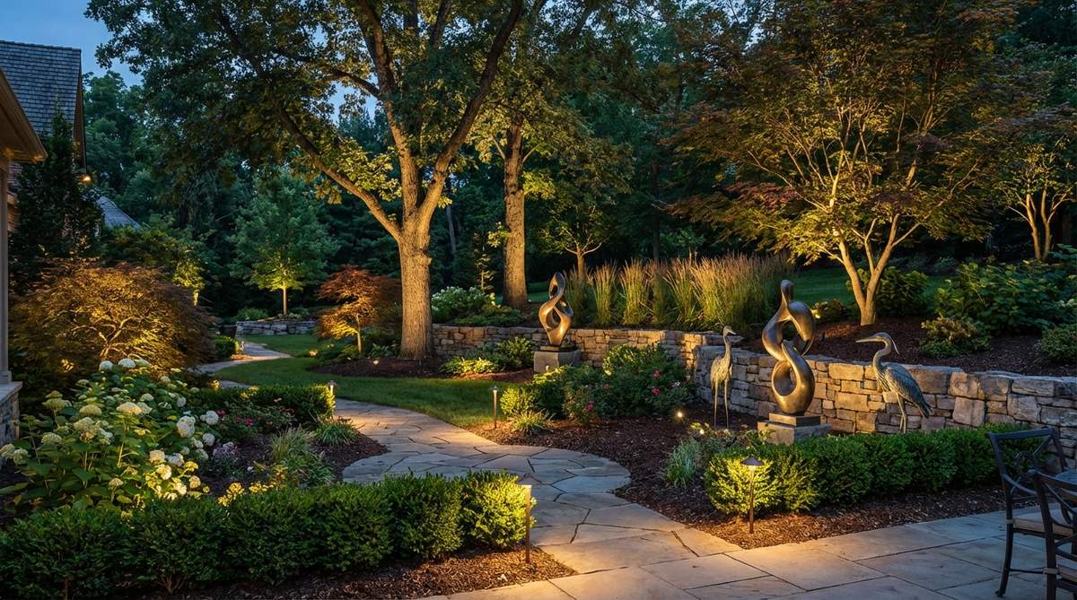 A dramatic garden scene with low-voltage spotlights positioned at the base of plants and sculptures, creating shadows and highlighting three-dimensional forms. The uplighting adds depth and reveals hidden garden layers, with beams aimed upward through foliage for ethereal backlit effects.