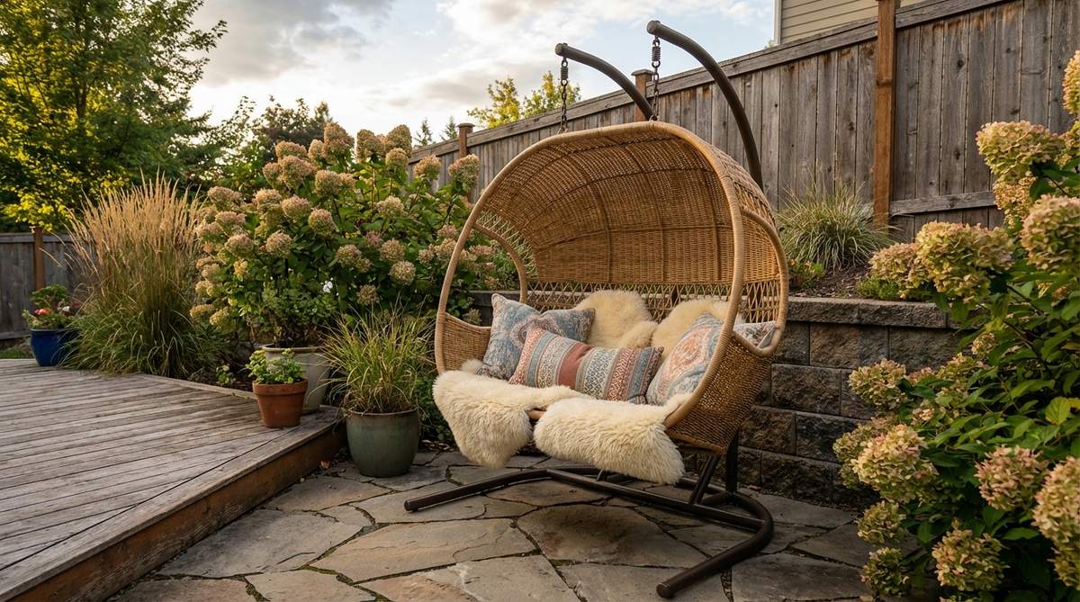 A modern hanging egg chair with an enclosed pod shape, made from all-weather wicker or PU rattan, suspended from a powder-coated steel stand. It is shown in a garden corner, creating a cozy reading nook with cushions for comfort and a side table nearby.