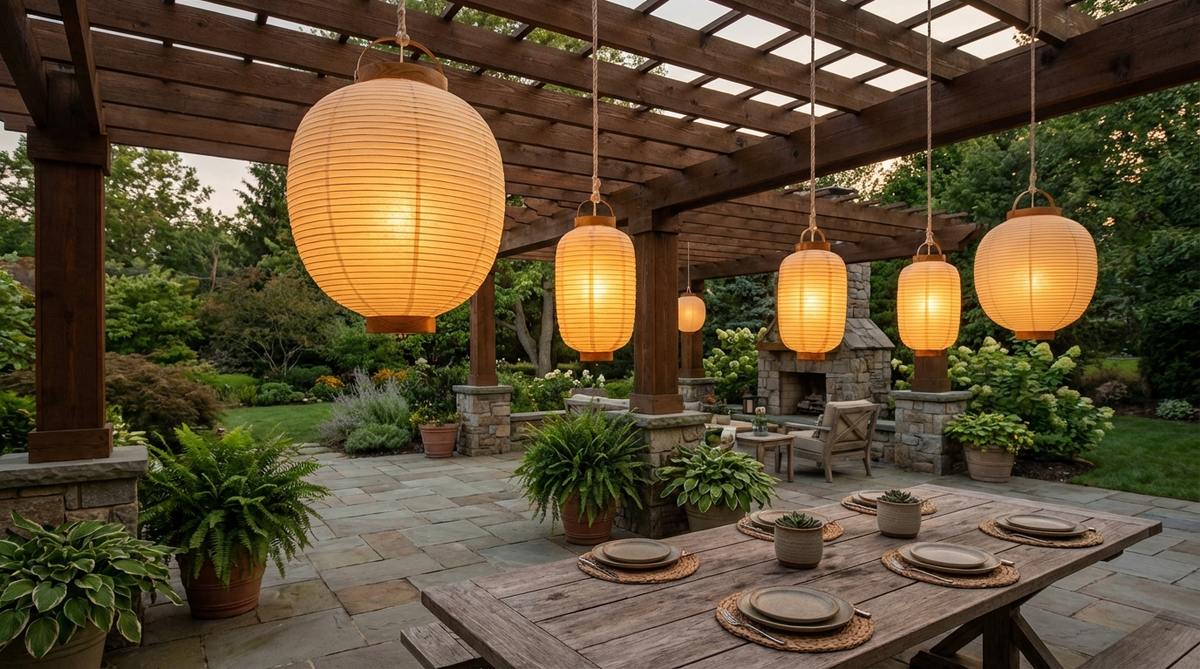 Traditional Japanese hanging paper chochin lanterns made from collapsible washi paper stretched over bamboo frames, used for portable illumination on covered porches and pergolas. Features mulberry fiber paper that diffuses light and resists moisture, with oak or cedar rings for structure and cotton cords for easy seasonal removal. Ideal for defining outdoor dining zones with soft white or warm amber bulbs and dimmer switches for adjustable ambiance.