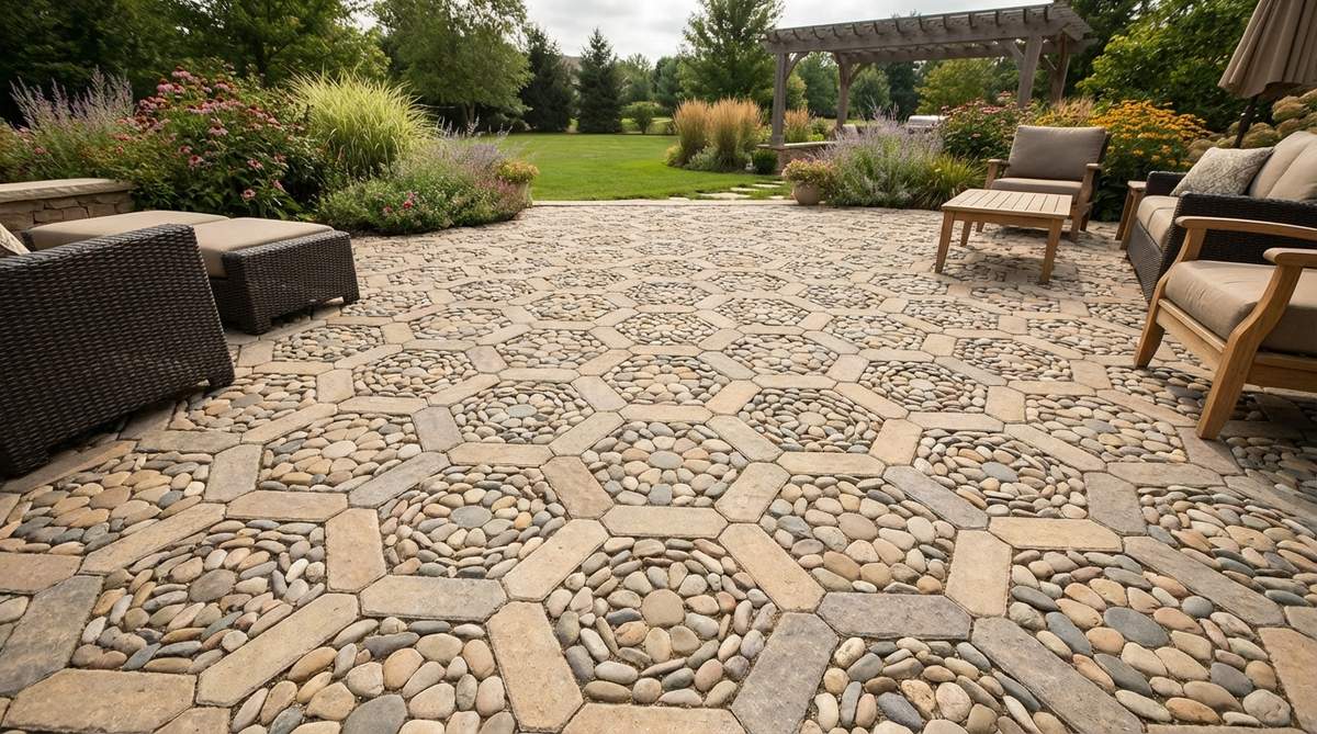 A detailed view of a hexagonal honeycomb stone garden mosaic, featuring six-sided cells interlocking to form an organic geometric pattern inspired by natural structures. Each hexagon measures 8-12 inches across, with pebbles arranged in concentric rings or single-color fills, creating rhythmic visual texture ideal for larger patio areas.