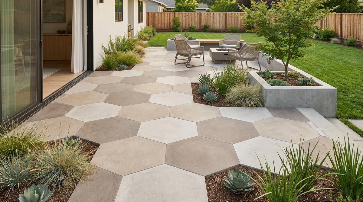 A modern garden patio featuring hexagonal concrete or porcelain modules in neutral tones, arranged in a honeycomb pattern that creates geometric complexity and clean aesthetics. This modular design adapts to custom shapes, ideal for transitional zones between indoor and outdoor living areas.