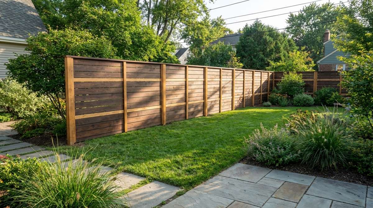 A garden fence featuring a horizontal board-and-batten hybrid design, with alternating wide boards and narrow battens creating dimensional texture and shadow lines. This adaptation of traditional vertical board-and-batten uses 1x8 boards as primary elements and 1x2 battens to cover seams, providing structural rigidity and a layered profile visible from both sides. Ideal for garden decor, it conceals wood expansion gaps and can be stained in contrasting tones to highlight the geometric pattern.