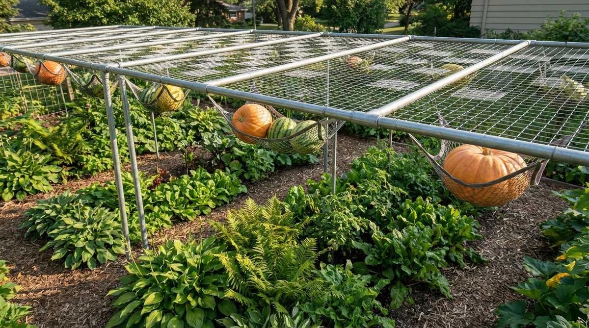 A horizontal overhead trellis structure at 6-7 feet height, made with metal conduit pipes and galvanized wire in a checkerboard pattern, supporting heavy fruits like pumpkins and melons in mesh slings, with shade-tolerant crops growing underneath.