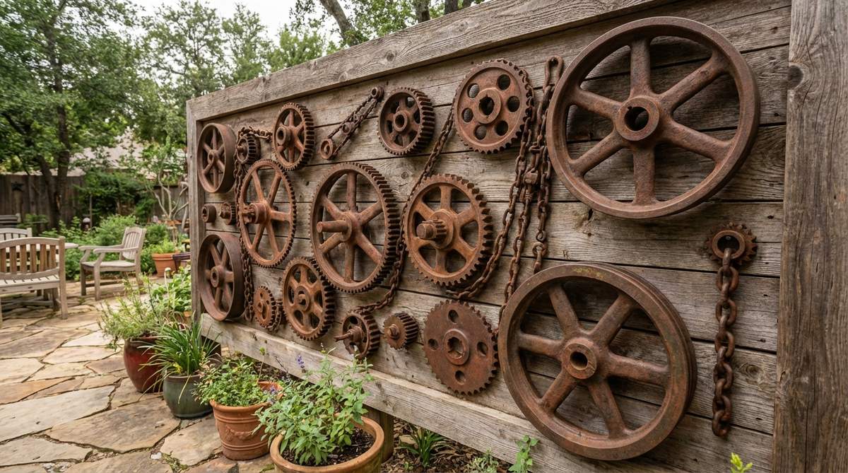 A detailed view of a rustic outdoor wall decor featuring repurposed industrial gears, sprockets, and metal wheels arranged in a steampunk-inspired composition. The vintage pieces display authentic patina, adding character and age to an industrial-themed garden setting. Multiple mechanical elements are securely mounted at different scales to create a complex and stable wall display suitable for outdoor use.