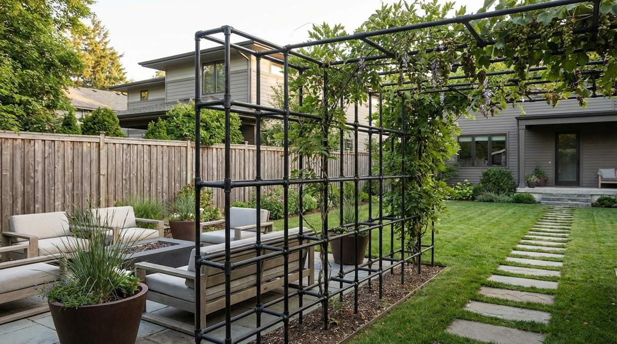 A modern garden trellis featuring a robust industrial pipe framework made from black iron pipes and fittings assembled into grid patterns. This DIY-friendly design supports heavy vines like wisteria or grape, integrates with industrial or farmhouse aesthetics, and is built with rust-preventive coatings for durability.