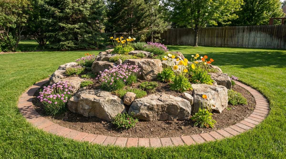 A freestanding mound in an open lawn area, created with excavated soil to form a raised island for drainage and visibility of low-growing alpine plants like armeria and alpine poppy. Stones are arranged to mimic a natural outcropping breaking through turf, with a mowing strip at the base to simplify lawn maintenance, ideal for small garden rockeries.