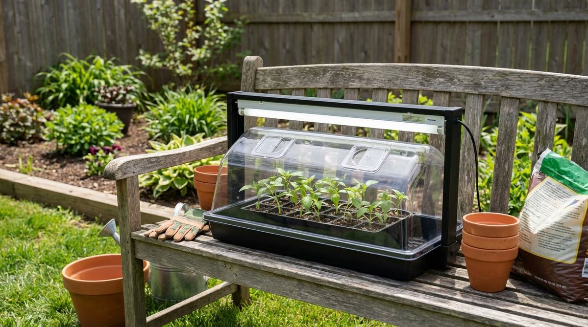 Johnny's Mini Greenhouse Kit with T5 Light, featuring a heavy-duty support tray, 7-inch tall NanoDome with adjustable vents, and an integrated 18-inch T5HO fluorescent strip light at 6400K spectrum. Perfect for starting 20-50 seedlings with controlled moisture and lighting.