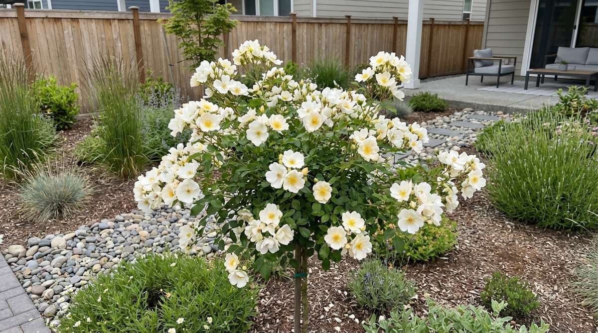 Single white flowers with prominent yellow stamens bloom in large sprays on a nearly thornless 4-foot fountain-shaped shrub. This modern garden rose variety features pale cream-to-ivory blooms that provide neutral punctuation in minimalist garden compositions and mixed borders, with excellent black spot resistance.
