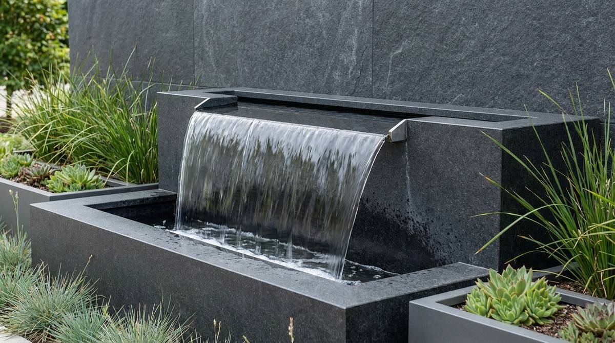 A minimalist modern garden fountain featuring a knife-edge linear overflow design. Water flows smoothly over a precision-cut stainless steel or granite edge, creating a continuous transparent sheet with laminar flow. The clean geometric fountain is positioned against a dark background wall for visual contrast, showcasing the glass-like clarity of the water and the sharp architectural details suitable for contemporary garden spaces.