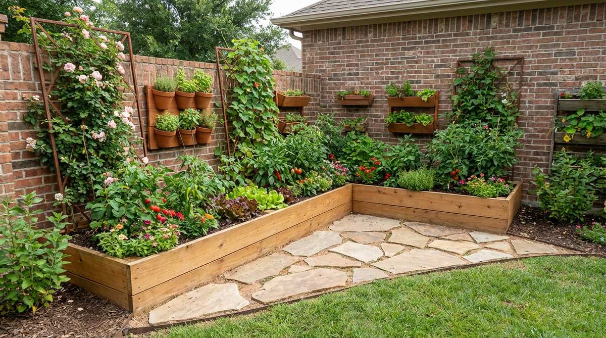 An L-shaped mini garden bed designed to maximize corner spaces, featuring a longer leg of 6-8 feet and a shorter leg of 3-4 feet, with a width of 3-4 feet for easy access. Includes a diagonal stepping stone path, vertical trellises on walls, and wall-mounted planter pockets to create a microclimate that extends the growing season.