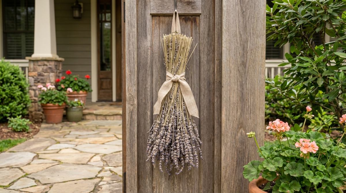A vertical door hanger made from dried lavender stems tied with linen ribbon, featuring muted purple tones and subtle fragrance, perfect for narrow door panels in spring outdoor decor.