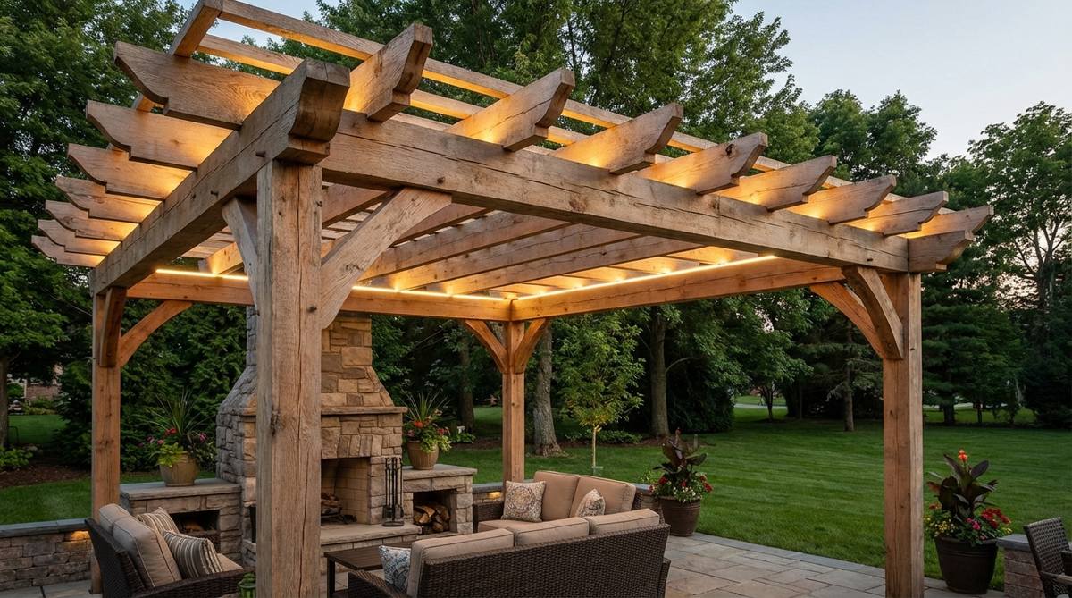 Adhesive LED strips mounted along the underside of pergola beams, providing architectural uplighting that highlights construction details while delivering indirect ambient illumination. Waterproof IP65-rated strips suitable for outdoor exposure, with color-changing options for mood flexibility.