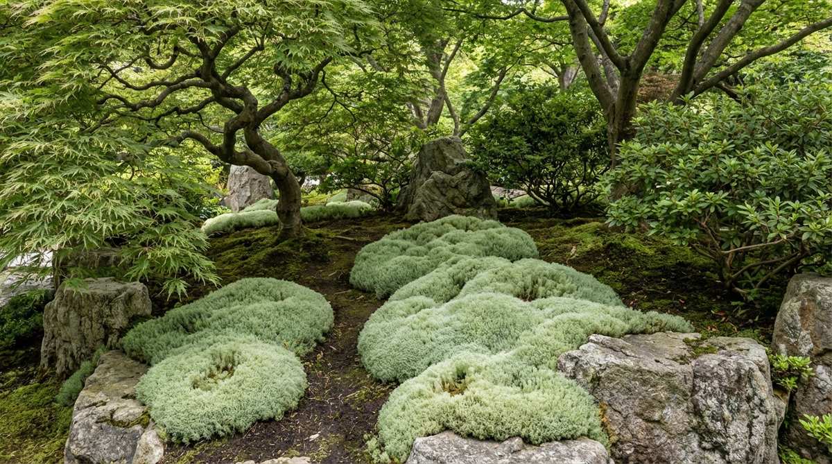 Pale green cushions of Leucobryum Neilgherrense moss forming cloud-like mounds in a Japanese garden, creating whimsical softness against stone arrangements. This moss thrives in acidic soil beneath azaleas or maples and brightens dark corners without flowering plants, arranged asymmetrically following traditional Japanese design principles.