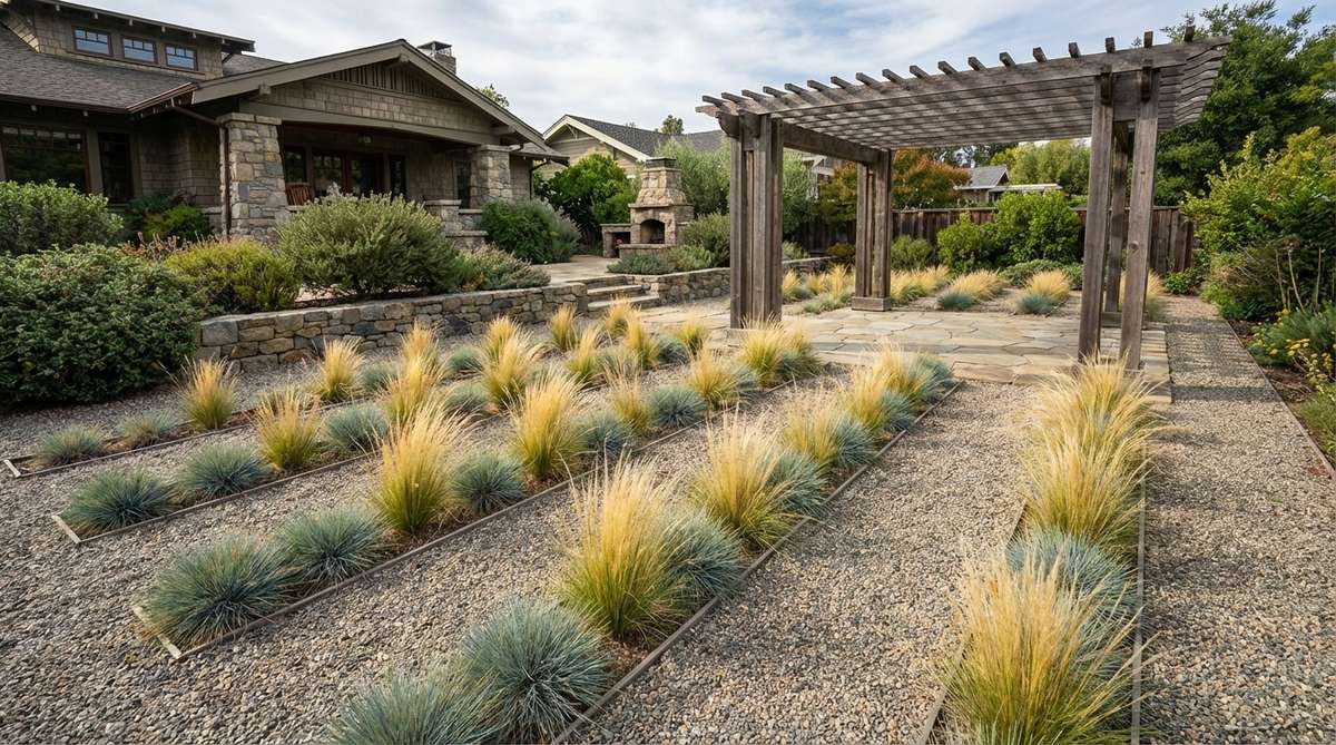 A gravel garden featuring narrow linear planting strips of ornamental grasses, such as blue fescue or Mexican feather grass, spaced apart with gravel, creating directional emphasis and visual movement.
