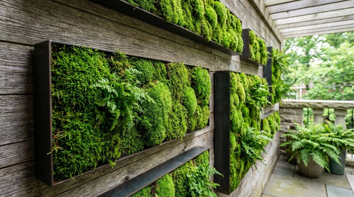 A close-up image of living moss panels mounted on a balcony wall, showcasing textural wall art with vibrant green moss varieties in shallow boxes. The moss panels create a forest-floor ambiance, ideal for shaded balconies, requiring minimal water and no direct sunlight, while providing acoustic dampening to reduce noise.