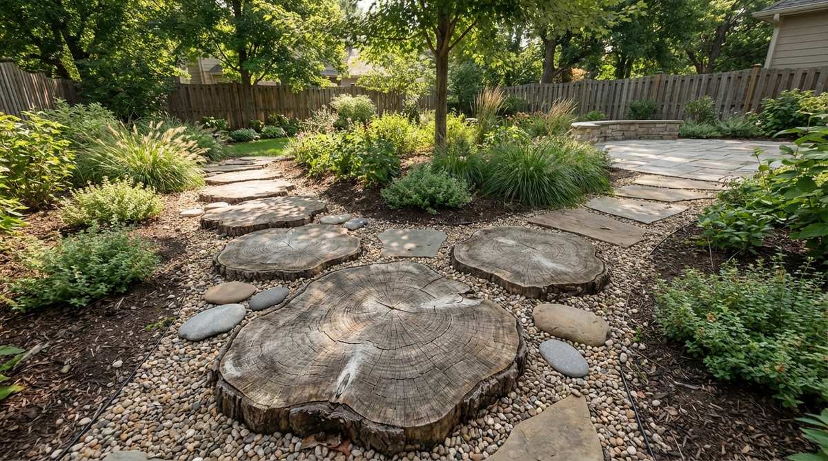 Natural stepping stones made from thick cross-sections of tree trunks with visible tree-ring patterns, arranged in a whimsical garden pathway. The organic shapes create a rustic outdoor decor element that blends with gravel and soil, showing how log slices can be mixed with flat stones for textural variety in landscaping.