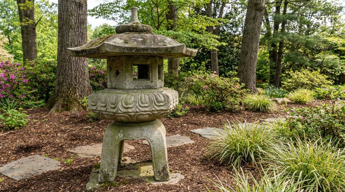A traditional Japanese garden lantern in the Yuunoki style, featuring intricate hand-carved lotus petal relief on the platform section. This Edo-period lantern design, popular in tea house gardens and shrine precincts, has a simple roof with clean lines that highlight the botanical carvings. The lotus symbolism represents Buddhist teachings about enlightenment rising from earthly origins.