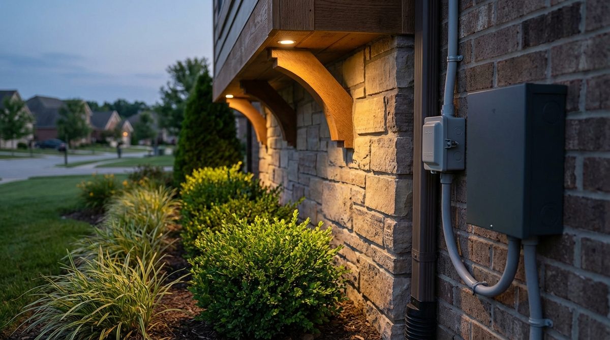Small-profile 12V garden uplights installed beneath architectural overhangs and foundation plantings, showing safe, code-compliant installation with transformer connections and proper wiring for modern outdoor lighting systems.
