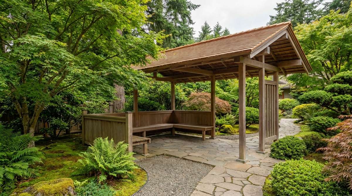 A traditional Japanese machiai waiting bench structure in a tea garden, featuring a simple post-and-beam shelter with slatted roofing and built-in benches at 18-inch height with angled back supports. Positioned midway along a garden path between the entrance and tea house, this covered waiting area provides protection from weather while maintaining connection to the surrounding roji garden.