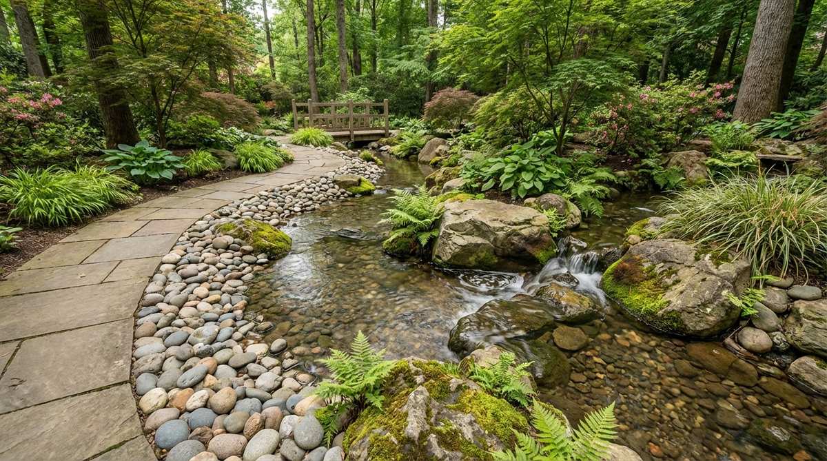 A shallow Japanese garden stream (yarimizu) with a natural meandering path through the landscape, lined with smooth river stones in gradated sizes. The stream varies from narrow channels to wider pools, with larger rocks creating occasional eddies that redirect water flow. The serpentine path encourages slow walking to discover new views around each bend, adding life and energy to the garden design.