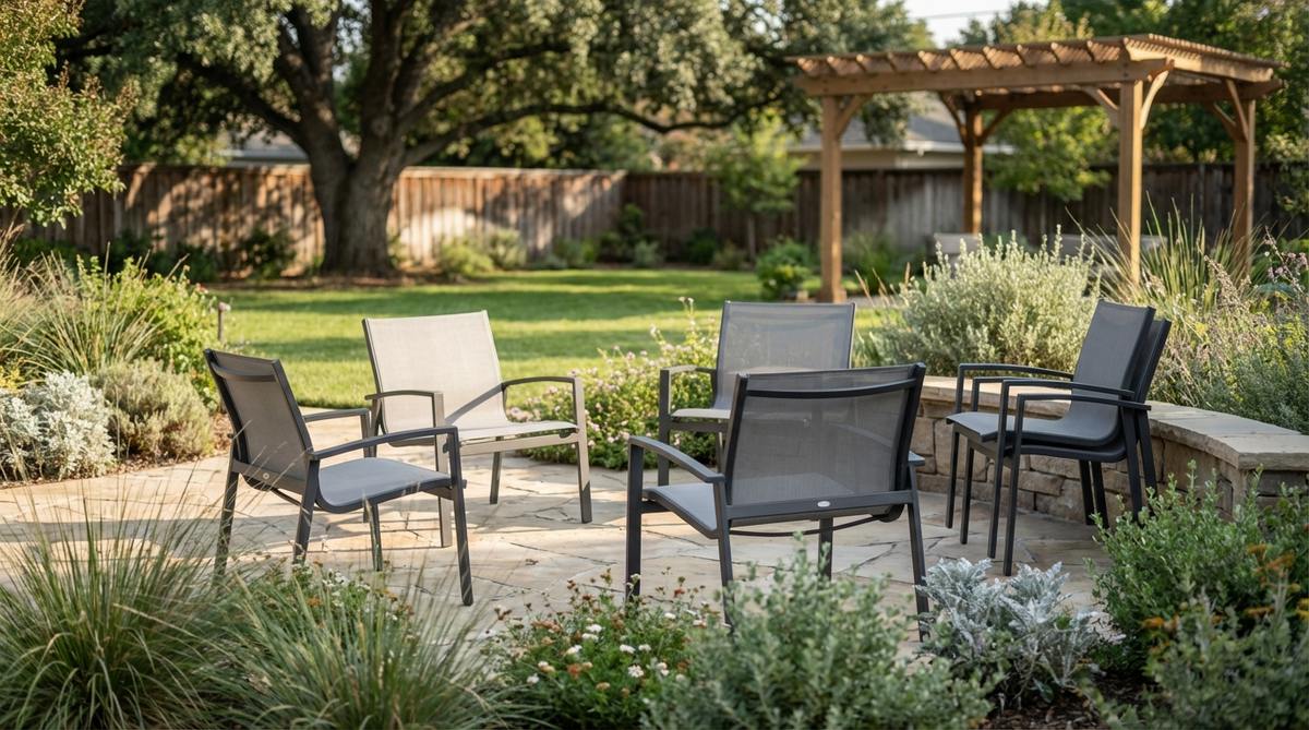Breathable mesh back outdoor chairs with aluminum frames, showcasing ergonomic design and quick-drying properties ideal for minimalist gardens. The chairs feature neutral tones that blend seamlessly with garden plantings and demonstrate easy stacking for storage.