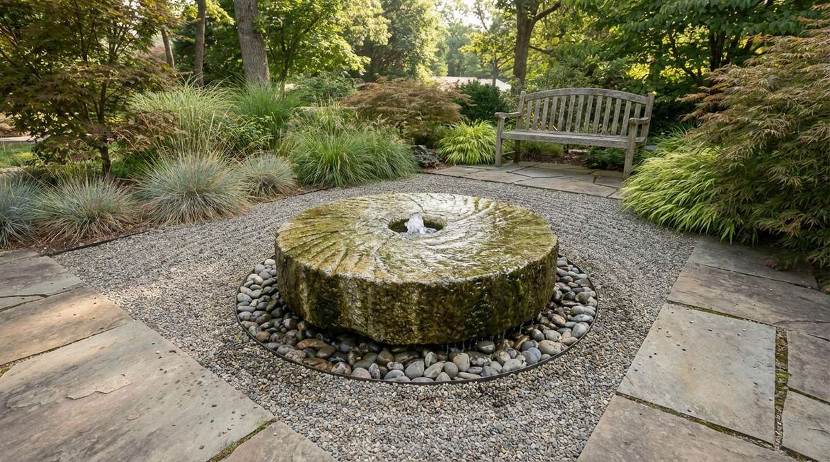 A reclaimed millstone repurposed as a water feature in a Zen garden, with water bubbling up through the central aperture and flowing evenly across the stone's surface into a hidden reservoir, blending industrial heritage with natural elements.