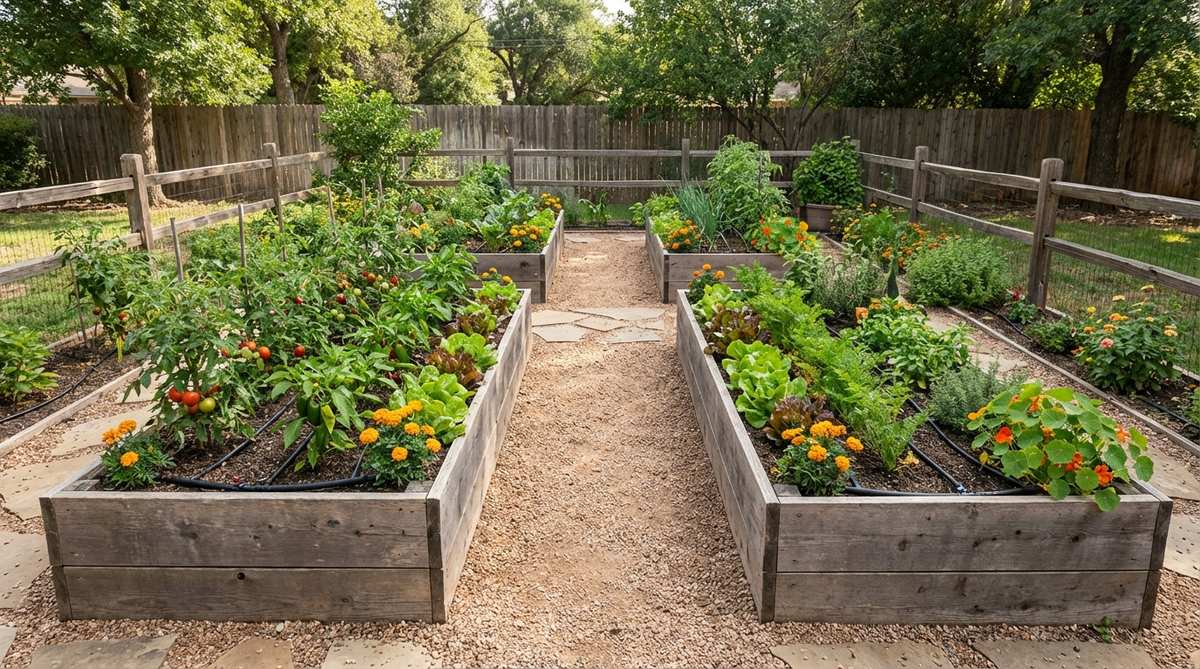 Two identical 3x8 raised beds arranged parallel with a central pathway, showcasing symmetry and efficient crop planning for vegetables or flowers, ideal for crop rotation and drip irrigation systems.