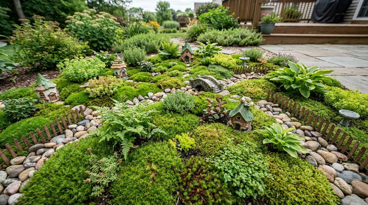 A lush fairy garden scene showcasing a mixed moss tapestry ground, featuring patches of Irish and Scotch moss for textural variation and visual depth, with small stones or miniature fencing defining clear boundaries between varieties.