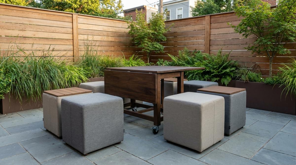 A contemporary garden setting featuring modular cube ottomans with internal storage arranged around a drop-leaf table on lockable casters, showcasing a versatile and space-saving design ideal for dining, seating, and storage in urban outdoor spaces.