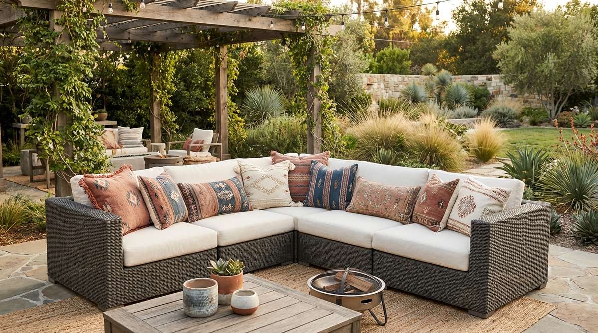 A modern boho decor image showcasing a modular sofa with clean geometric lines, adorned with eclectic mix-match pillows in varying sizes. Features tribal prints, embroidered details, and tasseled edges to create depth and texture across the seating surface.