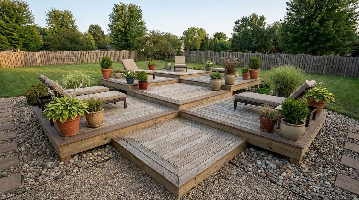 A top-down view of modular square deck platforms arranged in a stepped pattern, with varying heights of 4 to 6 inches between sections to create distinct zones without railings, ideal for small garden decking ideas.