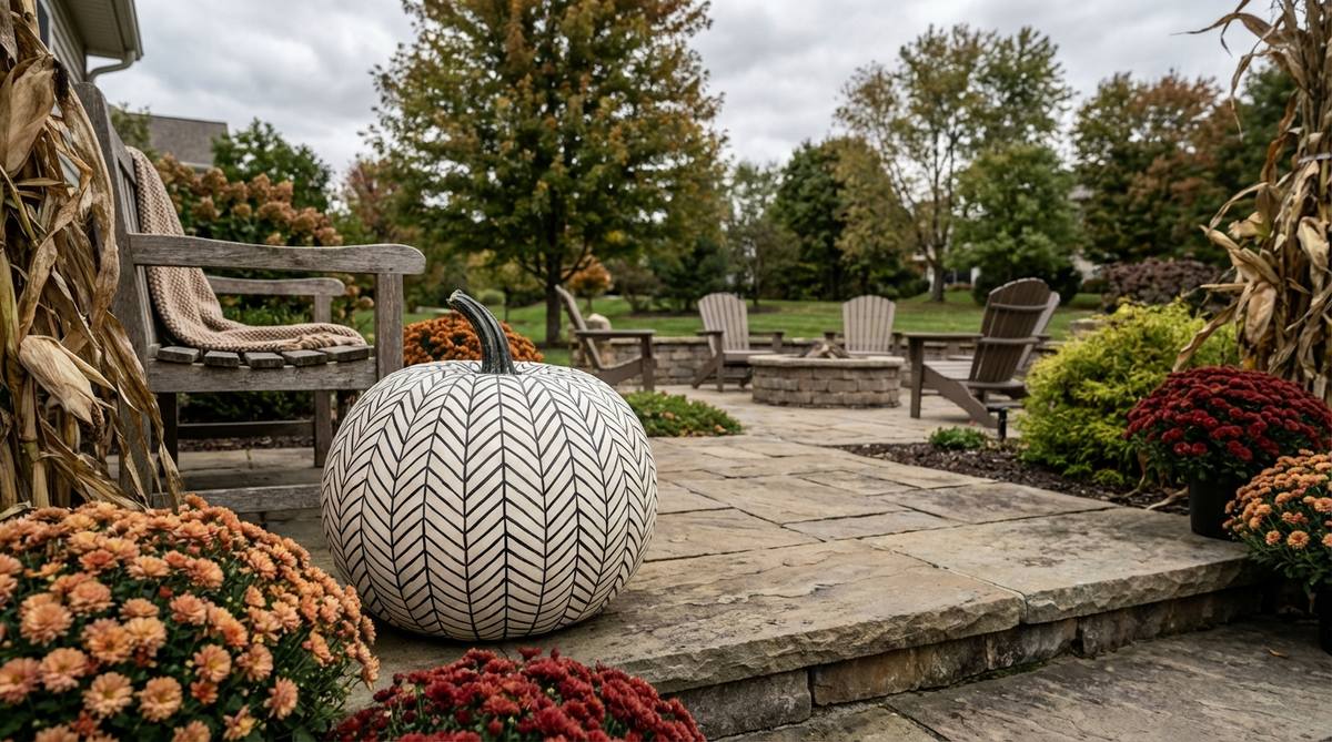 A white pumpkin with a black or charcoal herringbone pattern, showcasing structured elegance for boho Halloween decorations, suitable for indoor or outdoor autumn displays.