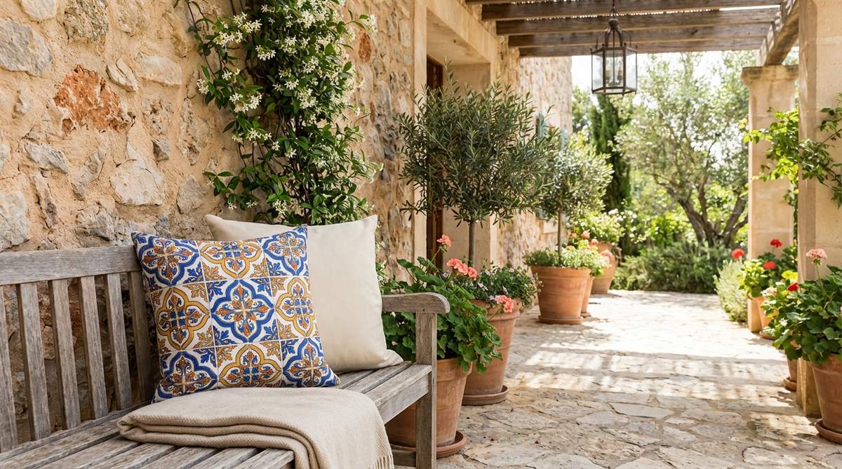 A decorative outdoor pillow featuring intricate Moroccan tile motifs in cobalt, saffron, and terracotta colors, creating a Mediterranean or Spanish colonial ambiance. The repeating geometric patterns work best as accent pieces on covered patios, paired with solid-colored pillows for visual balance.