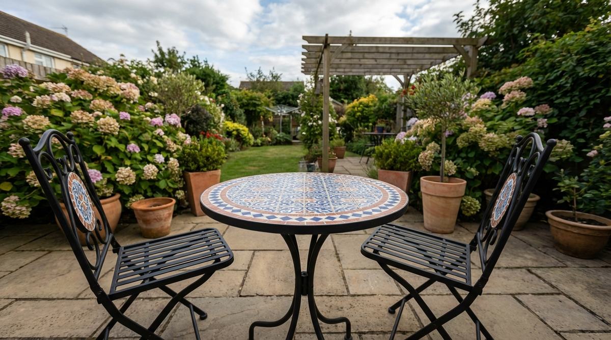 A mosaic tile bistro set featuring hand-laid tile tops with intricate Mediterranean patterns, paired with wrought iron or powder-coated steel folding chairs. This durable, weather-proof furniture is ideal for small gardens, balconies, and patios, offering decorative appeal and practical, storable seating.