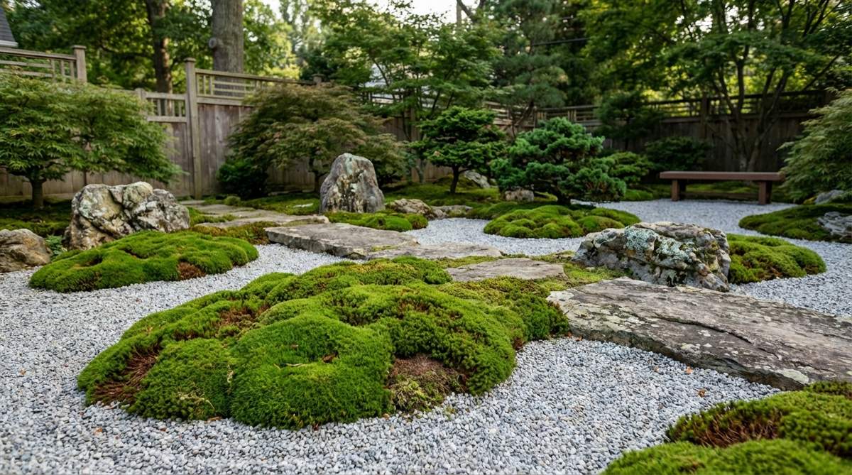 A serene view of moss islands in a Japanese garden, featuring clusters of Irish or Scotch moss forming organic shapes on compacted soil mounds, set against a gravel sea. The emerald texture of the moss contrasts with the mineral surfaces, creating a floating effect and depth through layered foreground and background elements.