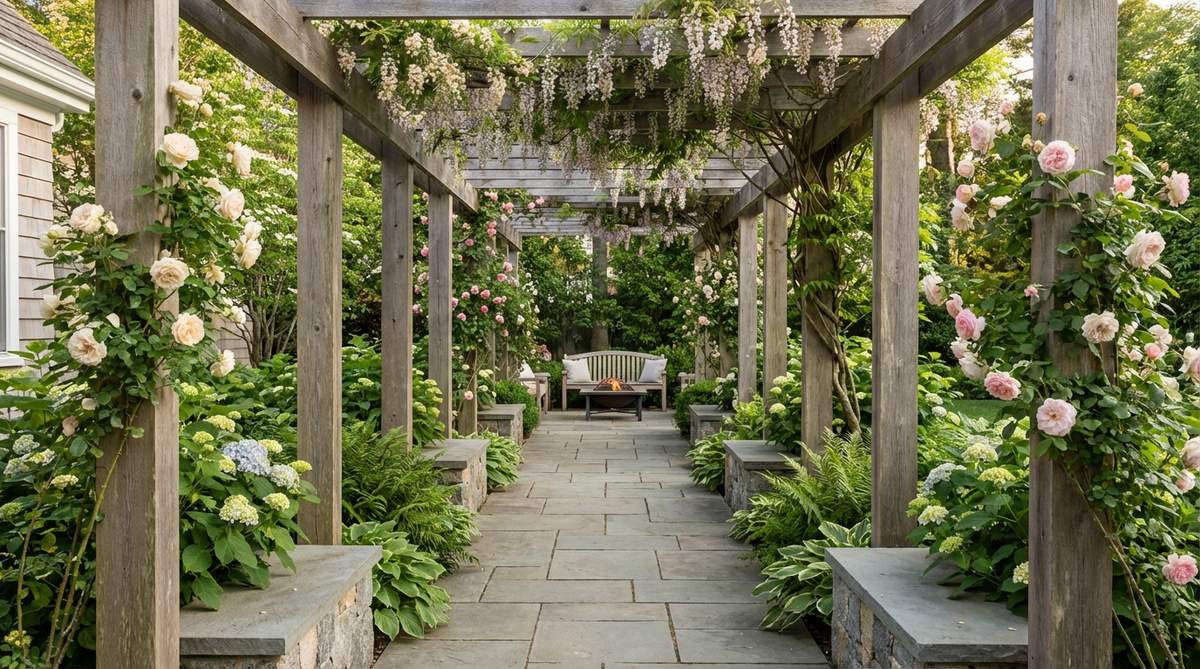 A narrow rectangular pergola creating a shaded pathway through a small garden, with posts spaced 6-8 feet apart to frame views and guide movement between outdoor zones. The elongated design suits side yards and linear patios, with climbing plants displayed along both sides while maintaining a clear central walkway.