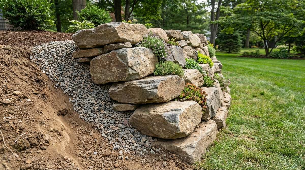A cross-section diagram showing a dry-stacked natural stone gravity wall built into a sloped garden. The illustration demonstrates the backward tilt of the wall, stone layering technique with crushed stone fill for drainage, and planting pockets with alpine plants between stones.