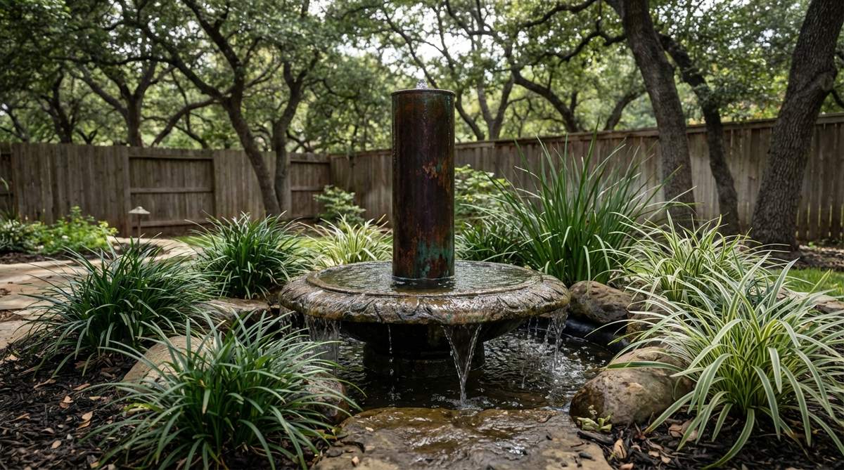A small garden fountain featuring a central copper tube that releases water, which spreads across the basin's rim before cascading back into the reservoir. The copper element develops a natural patina over time, transitioning from bright orange to deep brown. Ideal for partial shade settings, this fountain enhances dim corners with its reflective quality, and can be complemented with shade-tolerant plants like liriope or mondo grass for added texture.