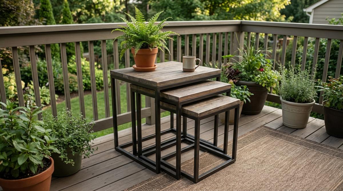 A set of three-piece nesting side tables made from metal and wood combinations, designed for compact storage on balconies. The smaller tables slide beneath the larger ones, providing versatile surfaces for plants or drinks while saving floor space.