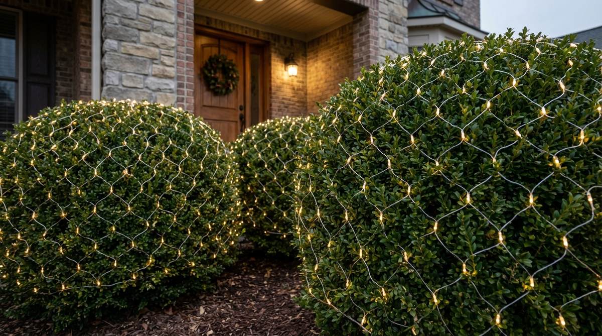 A close-up photo showing net lighting draped over evergreen shrubs as part of outdoor Christmas decor. The grid pattern of lights provides uniform illumination across boxwood or holly shrubs flanking an entryway, demonstrating easy installation for foundation plantings.