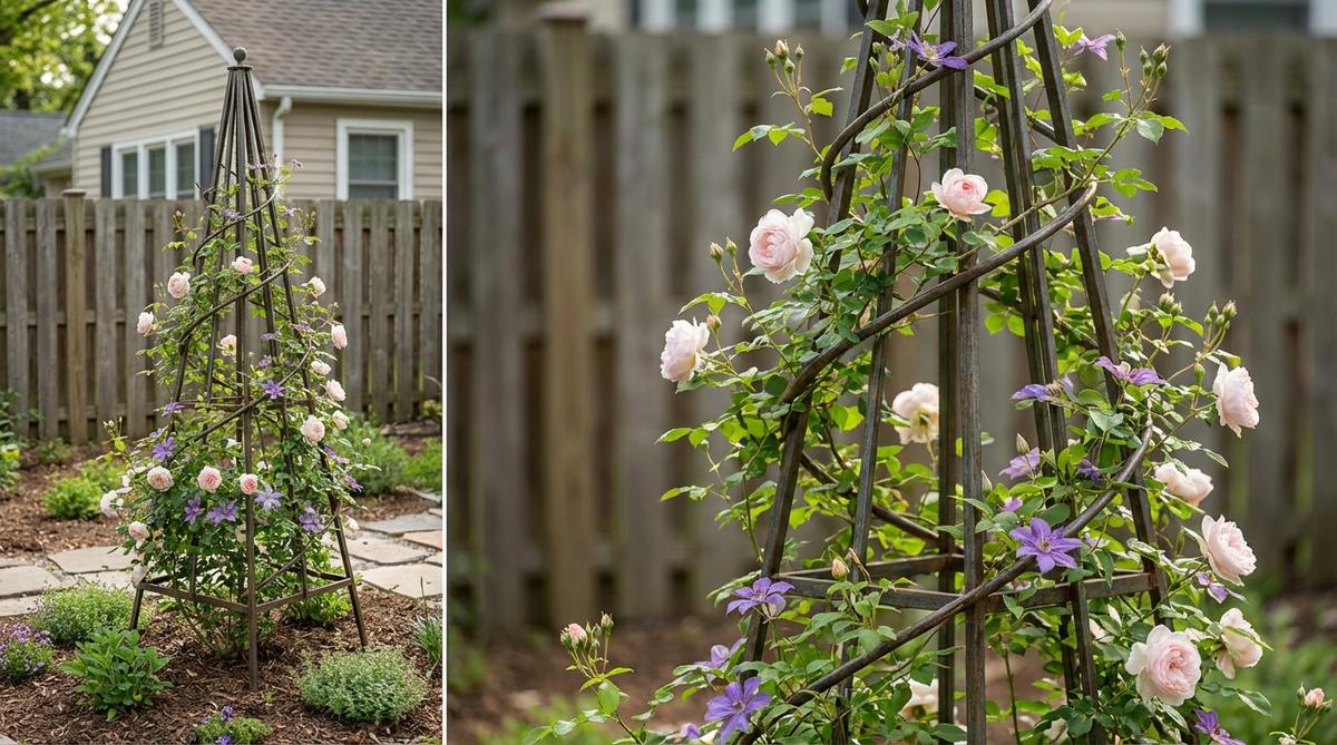 A four-sided tapered obelisk structure made from bamboo or metal tubing, providing elegant support for climbing roses and clematis in a small backyard garden. The obelisk occupies minimal space with an 18-inch circular footprint, adding architectural interest even during winter dormancy. Climbing roses like 'New Dawn' and spring-blooming clematis are trained in a spiral pattern around the frame to encourage blooms at multiple heights.