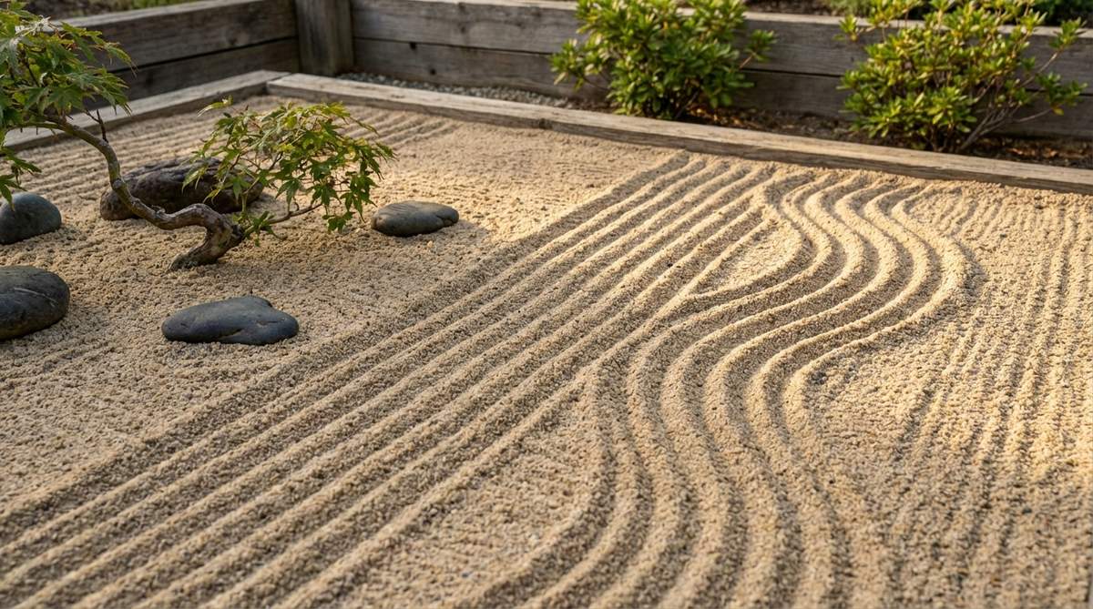A close-up view of a zen garden sand pattern featuring alternating curved and straight segments that mimic ocean swells and breaking waves. The design shows three to four straight lines followed by a curved section, creating a rhythmic visual pulse across the raked sand surface while maintaining meditative qualities.