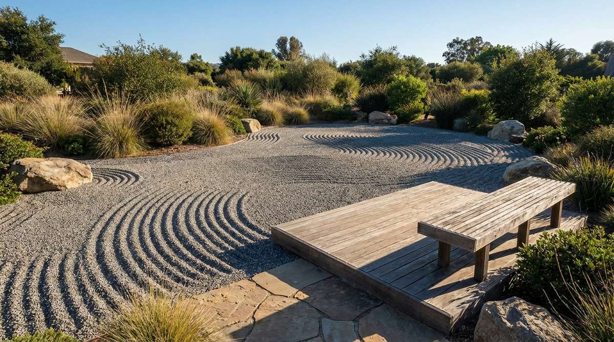 A bold and dramatic zen garden sand pattern representing standing waves or breakers, conveying energy and movement. Features wide spacing between wave crests with pronounced curves, ideal for larger gravel areas to be appreciated from viewing platforms or benches.