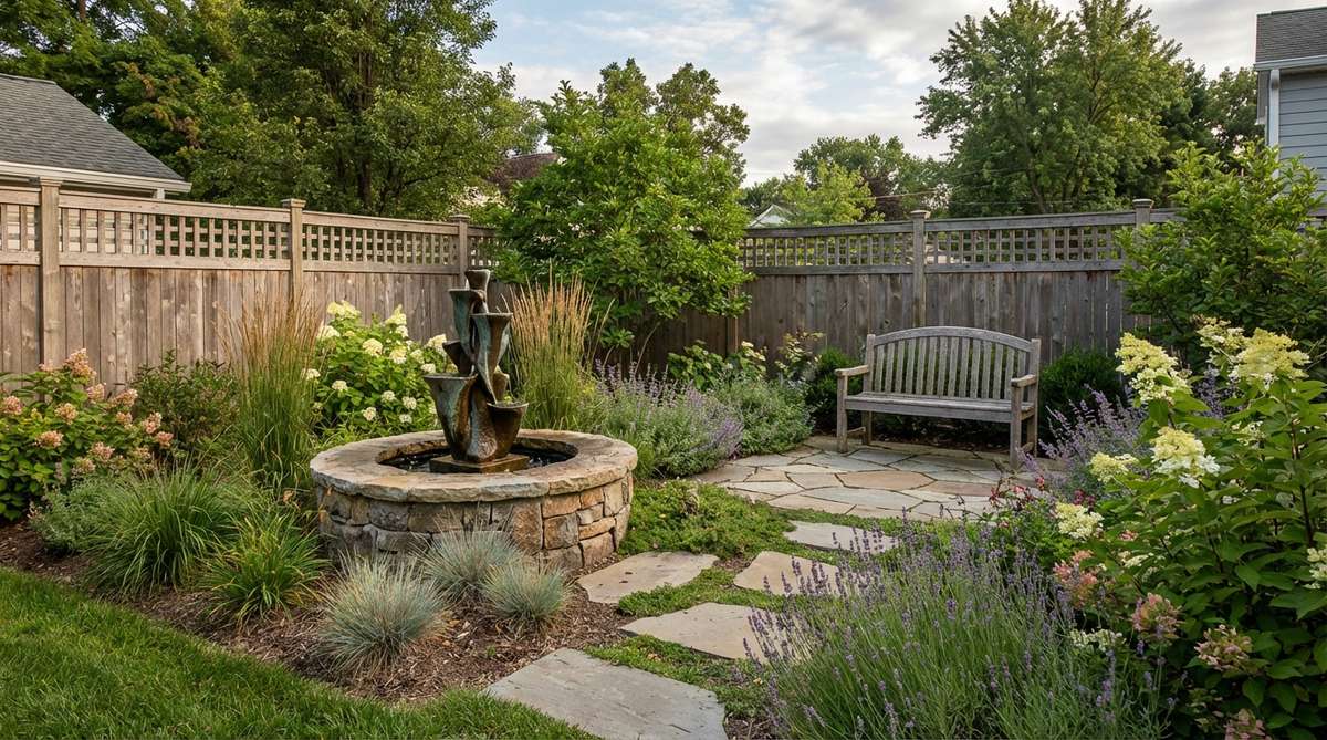 An asymmetrical garden design with a water feature or sculpture positioned off-center, following the two-thirds rule to create depth and discovery in a small space.