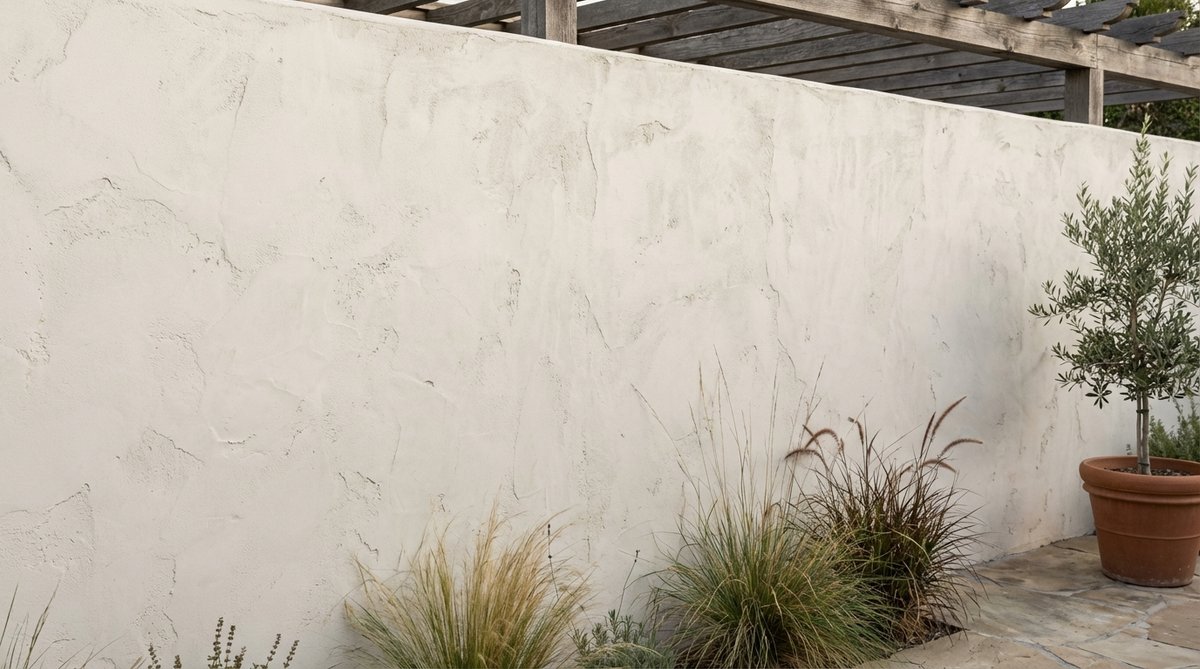 A close-up view of an off-white textured plaster wall, showcasing dimensional interest and subtle light variations. The handcrafted finish, created with Venetian plaster or skip-trowel techniques, adds artisan character and aligns with bohemian decor's appreciation for organic, imperfect surfaces.