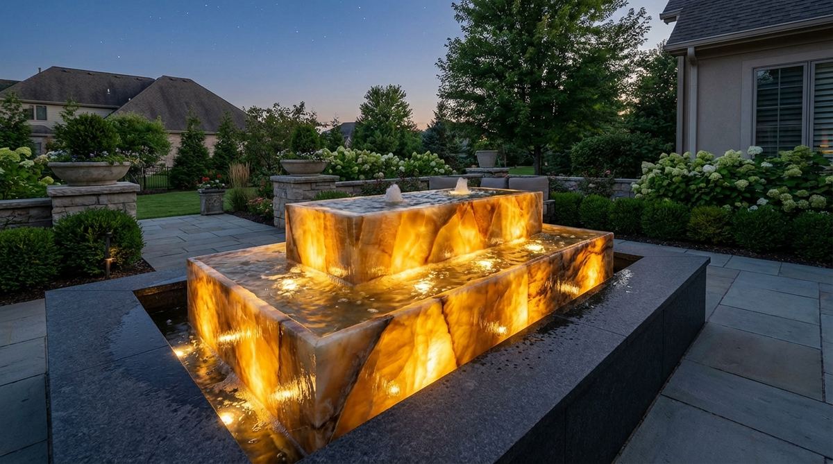 A luxury stone garden fountain featuring translucent onyx that glows with LED lighting, creating dramatic nighttime displays with water bubbling over the illuminated surface. This contemporary design is ideal for upscale courtyards and patios, offering amber, green, or white onyx that resembles backlit gemstones.