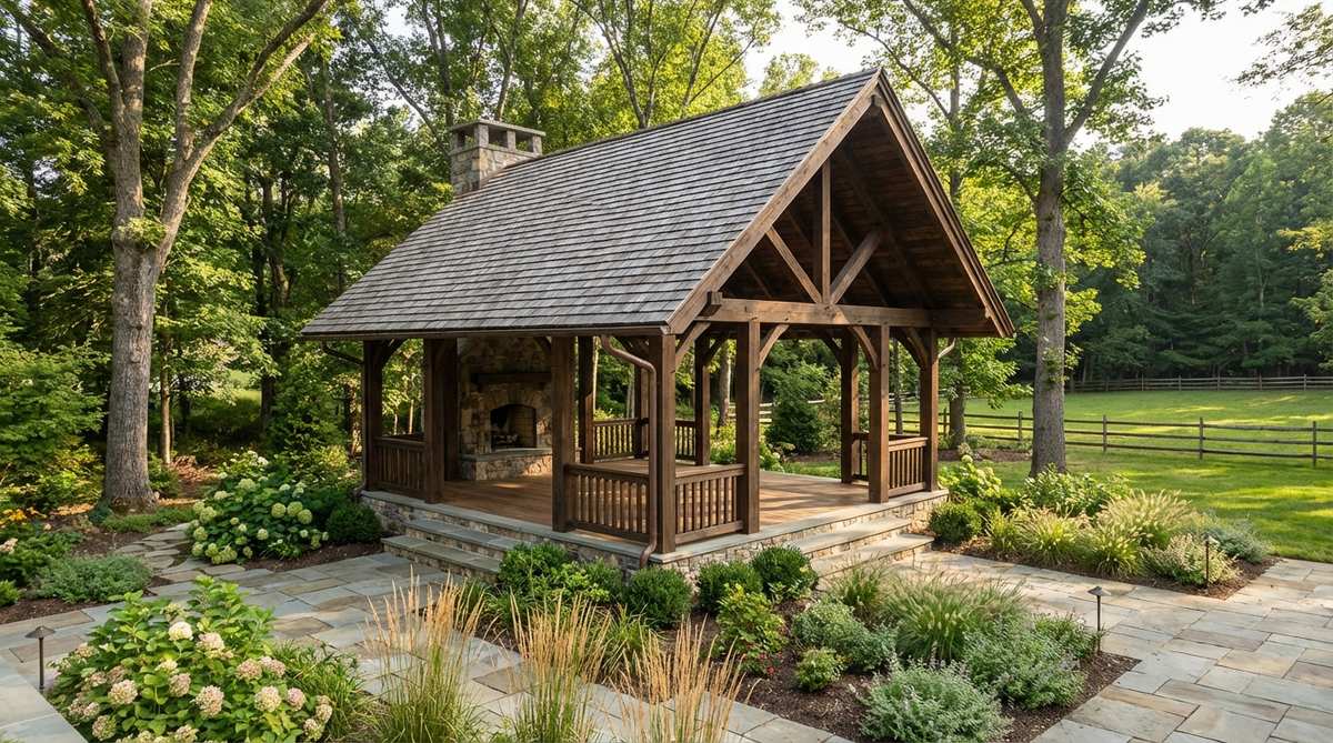 A garden pavilion with open sides, constructed from weather-resistant hardwoods or engineered lumber, featuring post-and-beam design on an elevated platform. The structure provides a sheltered gathering space with a roof pitched at 4:12 or steeper, maintaining visual connection to the surrounding landscape.